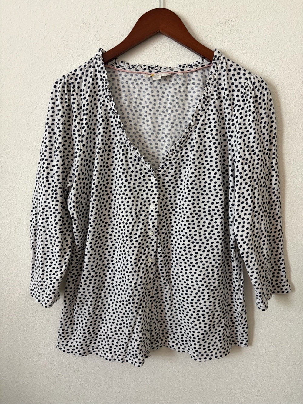 Boden Black White Polka Dot Ruffle V-Neck Cotton Jersey Top 3/4 Sleeve Size 12R